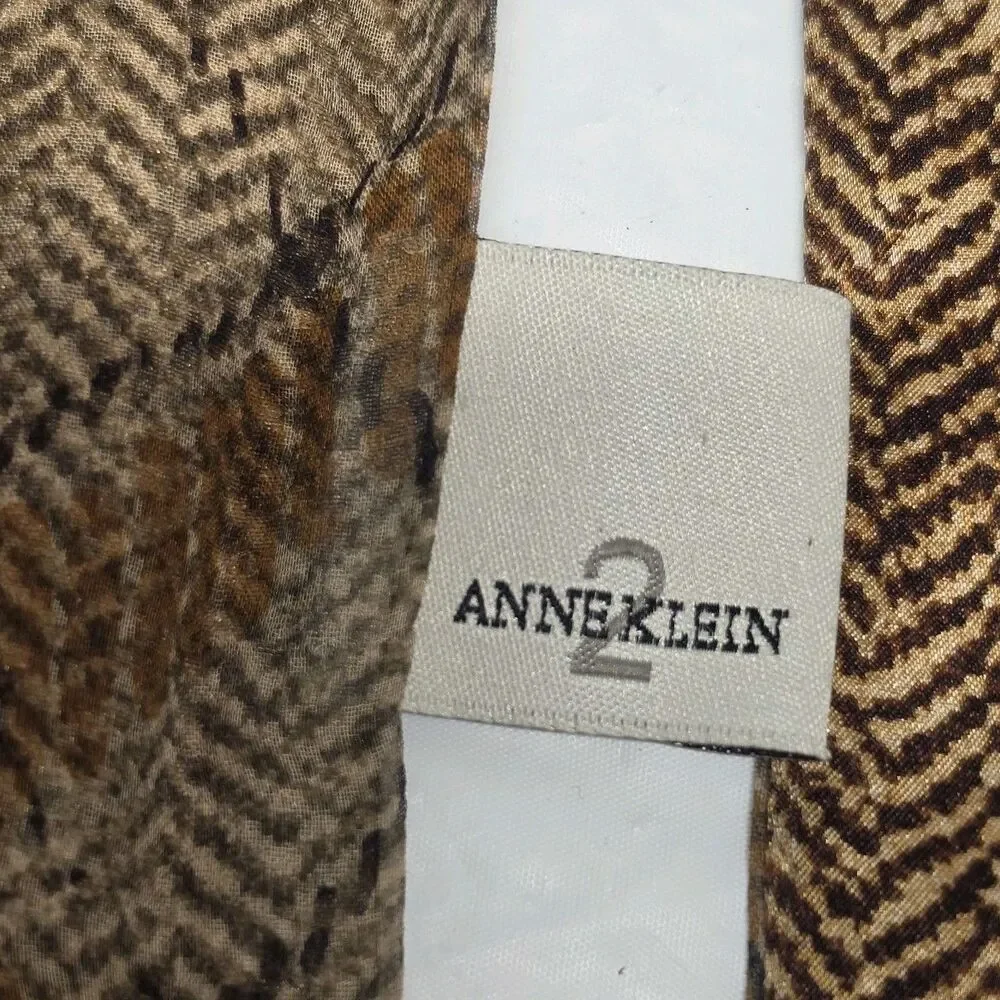 Vintage Anne Klein Silk Reversible Fringed Scarf Plaid Herringbone Tan Brown
